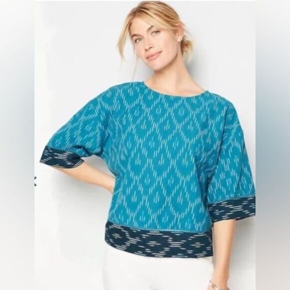 PURE J. JILL Ikat Boxy Top Blouse Medium Dragonfly Teal Color Block Relaxed Boho - Picture 1 of 11